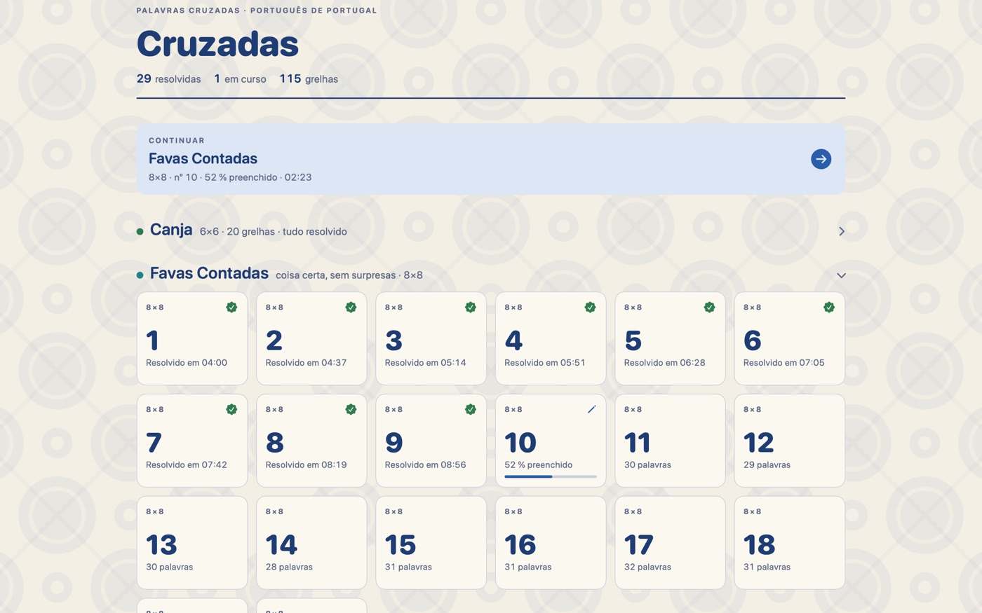 Cruzadas no Mac: o ecrã inicial com Canja resolvido e Favas Contadas a meio